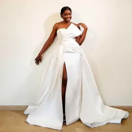 Dresses African Plus Size Satin A Line Wedding Dresses Bridal Gowns Off Shoulder High Side Split Sweep Train Pleats Court Train Bridal Gow