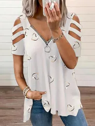여자 T 셔츠 여성 여름 냉담함 v 넥 지퍼 지퍼 인쇄 중공 티셔츠 레이디스 캐주얼 한 느슨한 블라우스 튜닉 탑 고품질
