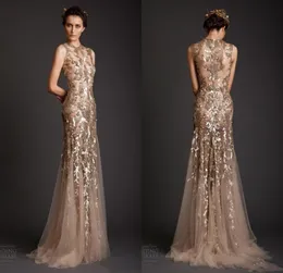 Krikor Jabotian Evening Dresses 클래식 골드 인어 모양 Tulle Sheer Appliques Prom Dress imermoridery Long 공식 Dub2922890