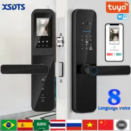 Lås xsdts tuya wifi digital elektronisk smart dörrlås med biometrisk kamera fingeravtryck smart kort lösenordsnyckel lås upp