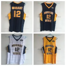 12 Ja Morant Murray State Racers كرة السلة Navy Blue Yellow White All Titched Courdeys