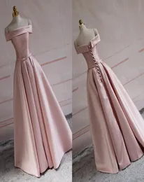 Simple Cheap Evening Dresses For Women Real Po Pink Off shoulder with sleeves Ribbon With Bows A line Satin Prom Party Formal D2708971