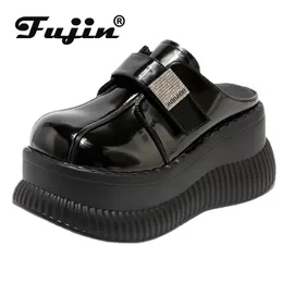 Fujin 11cm Slippers Patent Leather Platform Wedge Sneakers Pumps Summer Women ROME Hidden Heels Sandals Ladies Fashion Shoes 240328