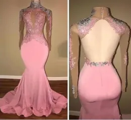 2020 Rosa Mermaid Prom Dresses High Backless Backless Veja através de mangas compridas Apliques de renda de lantejoulas Vestido de festa da festa G7755644