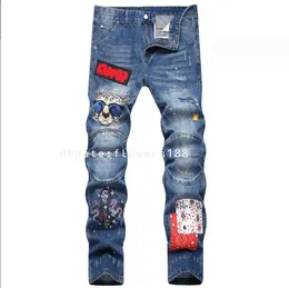 Мужские джинсы 2024 Модный молнии декора на молнии Мужские рваные джинсы вышитые тонкие ноги синие брюки в среднем возрасте Модные дети рваные джинсы корейские хип-хоп джинсы