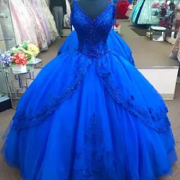 Dresses Princess Luxury Royal Blue Plus Size Ball Gown Quinceanera Dresses V Neck Applique Beadings Sweep Train Sweet 16 Dress Pageant Par