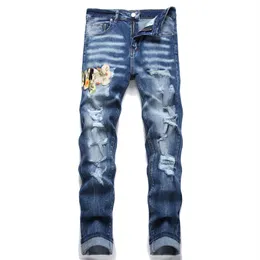 Men Jeans Designer Ripped Distressed Embroidery Jeans Streetwear Hip Hop Washed Elastic Denim Pants Jeans Trousers