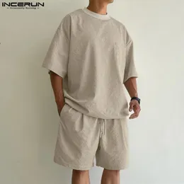 INCERUN Men Sets Solid Color Loose Oneck Short Sleeve T Shirt Drawstring Shorts 2PCS Streetwear 2024 Mens Casual Suits S5XL 240403