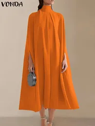 2023 Vonda Women Elegant Stand Collar Party Dress Back Bandage Bow Midi Midi Sundress Fashion Bat Sleeve Pleated Vestidos 240321
