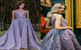 Elegant 2019 Paolo Sebastian Overskirt Evening Dresses Lavender Sheer Deep V Neck Appliqued Floor Length Tulle Custom Made Prom Dr5347697