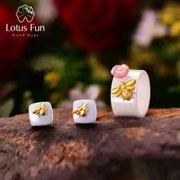 Strumenti lotus divertimento vero sterling sier naturale naturale ceramica di gioielleria carina ape kiss da un set di gioielli di rose per donne bijoux