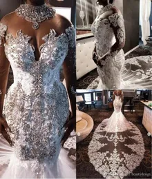 Luxury High Neck South African Lace Mermaid Wedding Dresses Crystals Beading Sheer långa ärmar Brudklänningar plus storlek Vestiods1339377