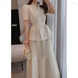 Party Dresses Spring Summer Elegant Korean Evening 2-Piece Set Women Lace-Up Blazer Long Mesh Kjol Fashion Casual Lady Suit M01