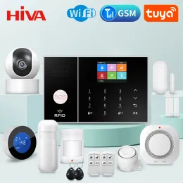 홈 홈 용 HIVA 보안 경보 시스템 GSM Wi -Fi Tuya Smart Life App Control Outglar Alarm Kit 도어 센서가 Alexa와 함께 작동합니다.