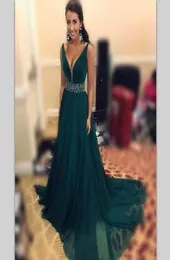 Abiti da ballo verde da cacciatore lungo con perle a tela paillettes abiti formali in chiffon da sera indossare una linea Vesp v Neck Cocktail Dresses Che3383286