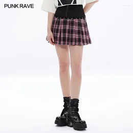 Skirts PUNK RAVE Women's Playful Plaid Splicing Skirt Metal Ring Webbing Decorative Fashion Personality Girl Mini