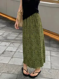 Spódnice guzyuviz zielone elastyczne fałdy talii długie spódnica Kobiety Summer Korean Mash
