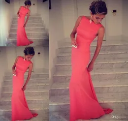 2017 Formfitting Pery High Neck Formal Coral Evening Event Dress Firma Prom Long Vestidos de Noiva1447546