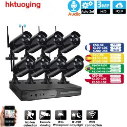قابس النظام تشغيل 8ch 3MP HD Audio Wireless NVR Kit P2P 3.0P في الهواء الطلق في الهواء الطلق الرؤية الليلية الأمان 3.0MP IP كاميرا WiFi CCTV
