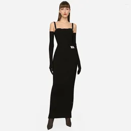 Casual Dresses Stylish Strapless Tube Top Side Long Zipper Fashion Design Pocket Decoration Black Bandage Dress With Gloves