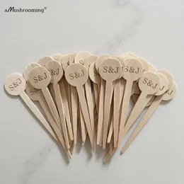 Forks 100pcs الخشب الشخصي يختار القبعات العليا مع العروس والعريس الأحرف الأولى لمشاركة حفل الزفاف الزخرفة الحفل