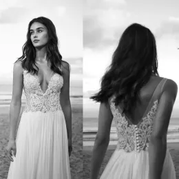 فساتين 2018 Lihi Hod Beach Dresses Deep v Neck Lace Beadique Beads Bridal Sweep Train Train Vintage Chiffon Wedding Dress