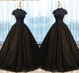 Dresses 2022 Black Lace Evening Dresses Ball Gowns High Neck Applique Beaded Empire Waist Princess Prom Dresses Graduation Dress Women Plu