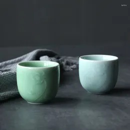 Tumblers 6pcs Longquan Celadon Handwork Ladved Mose Room Teacup Sceramic Tea Set Accessors