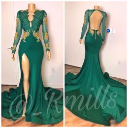 Sukienki łowca zielone sukienki na bal maturalne długie złotą koronkową aplikację z koraliki głębokie vneck high boks podzielony backless sukienka na studniowe sukienki
