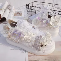 캐주얼 신발 여성 캔버스 3cm 플랫폼 흰색 꽃 수정 활 운동화 사랑스러운 로리타 여자 귀여운 새틴 둥근 발가락 멋진 신발