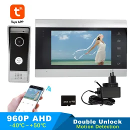 Дверные звонки Tuya 7 -дюймовый беспроводной Wi -Fi Smart IP -видео -видео -телефон с интерком -телефоном с 1x1200TVL 960p AHD проводной дверной звонок Отключить камеру