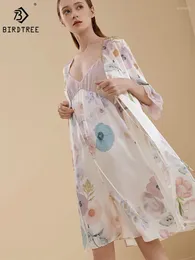 Домашняя одежда Birdtree 16 -мм шелковидный шелковый шелк элегантный ночной рубаш
