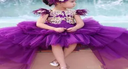 Charming Purple Tulle Flower Girl Dresses with Jewel Appliqued Feather Golden Applique Cap Sleeve LovelyTiered HighLow Birthday G7411523