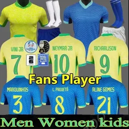 البرازيل 2024 كأس أمريكا كأس كرة القدم قمصان كاميتيتا دي فوتول باكيتا رافينها كرة القدم قميص Maillot Marquinhos Vini Jr Brasil Richarlison Men Kids Neymar