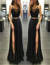 High Side Split Prom Dresses Black Spaghtti Straps Sheer Neck Chiffon Long Women Skirts 2 조각 공식 파티 이브닝 ​​가운 6489989