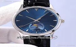 Master Ultra Thin 1368420 Moon Phase Automatic Mens Watch 39 мм стальной корпус Blue Dial Маркеры кожаные ремешки календарь WA1986285