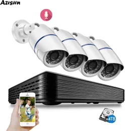 System Azishn 4CH NVR 5MP POE H.265 Security Camera System System Audio IP -камера IR Внешнее водонепроницаемое домашнее видеонаблюдение набор видеонаблюдения