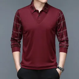 Spring Autumn Mens Pullover Turn-Down Collar Solid Pan Panel Randig långärmad t-shirt Polo Bottom Casual Formal Tops 240320