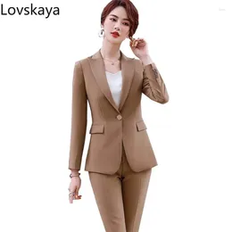 Frauen zweisteuelhafte Hosen Frauen schlanker Blazer und Hosenstücke Set Khaki Pink Blue Kaffee Schwarze Damen formeller Hosenanzug