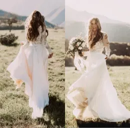 Abiti 2020 Abiti da sposa in campagna bohémien a buon mercato con maniche lunghe a pura battute di battute a una linea Appliques in pizzo Chiffon Beach Summer Boho Br