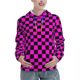 Damen Hoodies Pink Black Checker Board Casual Fehlende Textur Retro -Kapuze -Sweatshirts Herbst Langarm Mode Oversize Hoodie