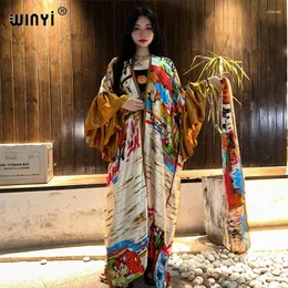 Drucken Selbstverpackter Kleid Frauen elegante Sommer Holiday Bubble Sleeve Cardigan Strand tragen Schwimmanzug Cover up Kimono