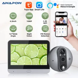 초인종 Awapow wifi yeephole 초인종 카메라 1080p 4.3 인치 도어 구멍 카메라 나이트 비전 스마트 Tuya 비디오 도어 벨 디지털 뷰어