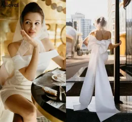 Dresses Mini Wedding Dress Sheath Big Bow Off The Shoulder Simple Elegant White Satin Short Bridal Gowns Boho Garden Beach Reception Engag