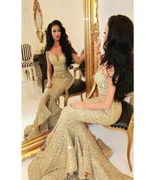 2016 Gold Sequined Dresses Images Real Sexy Sweethart Long Mermaid Bords Brufle Front Slit Ruffles Bling Prom Downs8883228