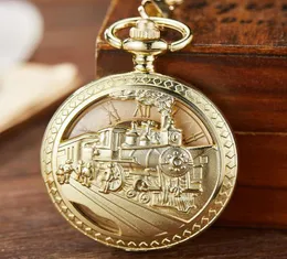 Pocket Uhren Gold Mechanical Watch Hollow Steampunk Zug eingraviertes Handwickel Skelett FOB Kette Halskette Anhänger COCH 4177738