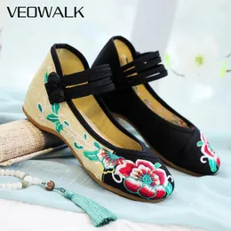 Casual Shoes Veowalk Low Top Women Canvas Ballet Flats Ankle Strap Ladies Cotton broderad platt andas bekväma ballerinas