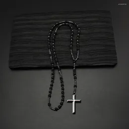 Pendant Necklaces 1 Piece Natural Stone Matte Onyx Black Gallstone Necklace Rosary Cross