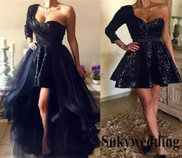 Bling Black Paillettenabschlussballkleider mit abnehmbarem Zug Ein Schulter -Festzug Kleid 34 Langarm arabische Promi -Abendparty 2097111