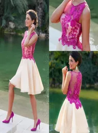 Sheer Neck Short Aline Party Dresses Ruched Fushia Lace Appliques Ruched Organza Formal Evening Prom Gowns Cheap Dubai Arabic Ves3766016